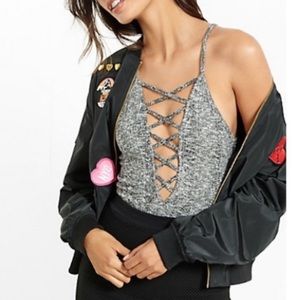 Express One Eleven Marled gray lace up bodysuit